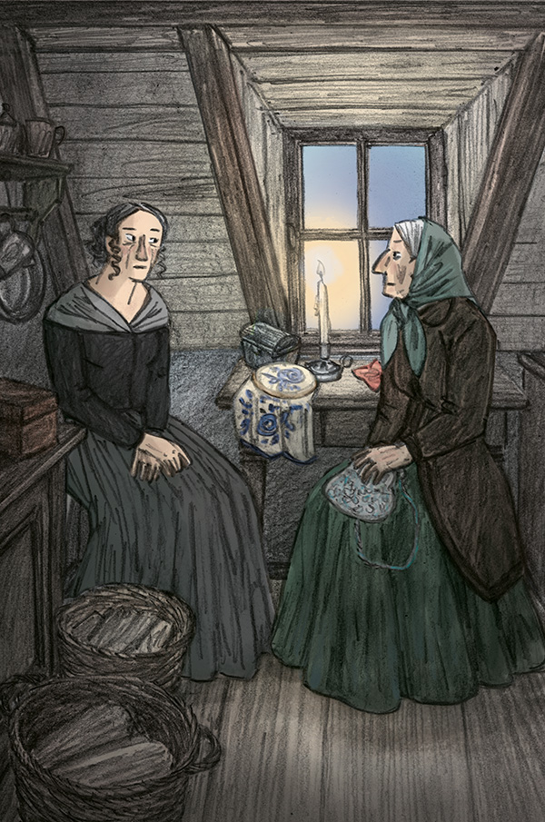 Weihnacht-Abend, zwei Frauen in der Dachkammer im Kerzenlicht