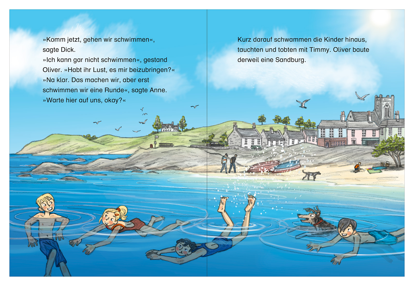 4 Kinder und ein Hund baden im Meer. Im Hintergrund ist eine typische englische Kleinstadt zu sehen.